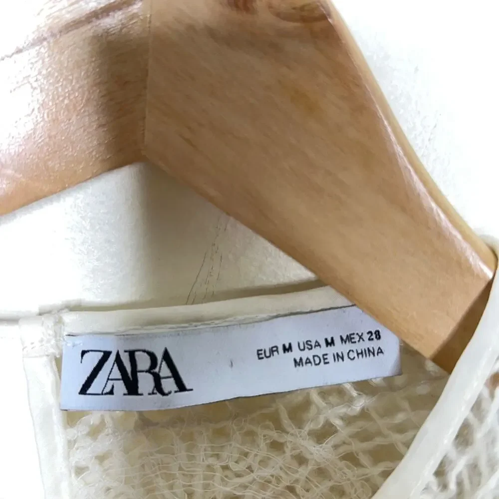ZARA Combination Crochet Knit Corset Puff Shoulder Top Ivory Cream {F53}